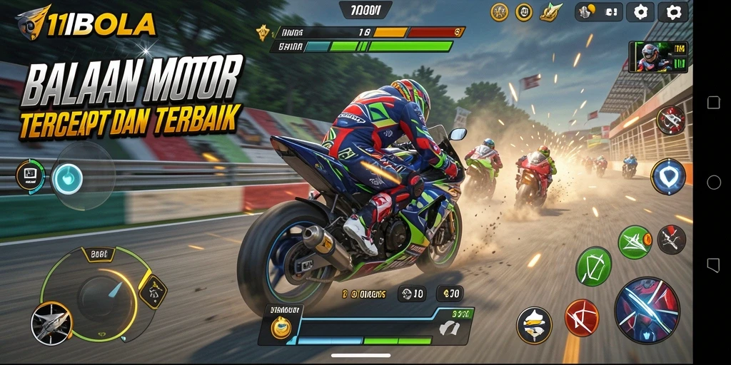 Screenshot gameplay 11BOLA menampilkan balapan motor yang seru dan mendebarkan.