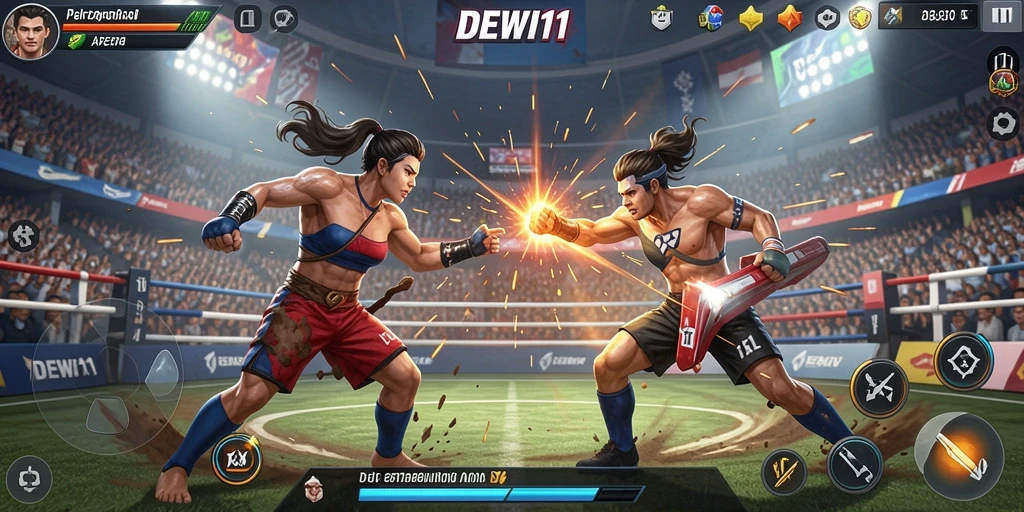 Screenshot gameplay DEWI11, menampilkan pertarungan karakter yang intens.