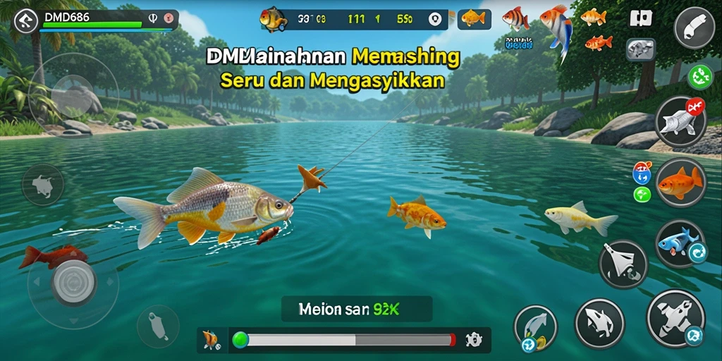 Tampilan gameplay DMD686 saat menangkap ikan di laut yang indah.