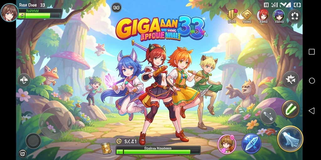 Screenshot utama GIGA33 menampilkan karakter anime dalam pertempuran epik.