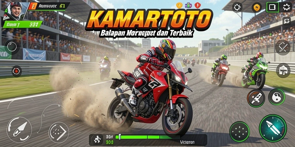 Screenshot KAMARTOTO menunjukkan balapan motor yang cepat dan intens.