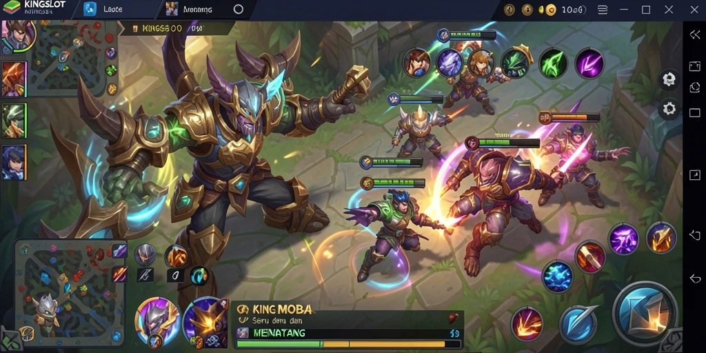 Tangkapan layar gameplay KINGSLOT dengan karakter bertempur di arena.