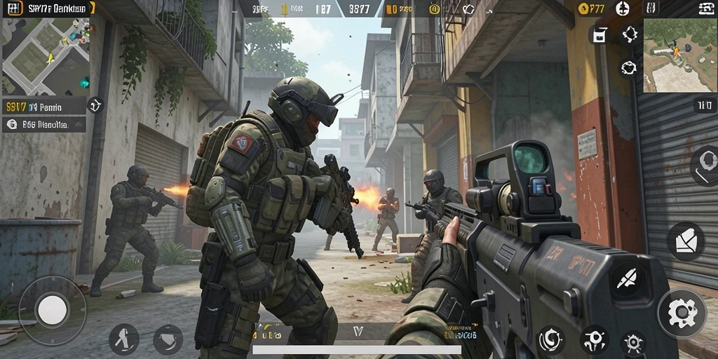 Screenshot gameplay SPY77 menampilkan aksi pertempuran yang mendebarkan.