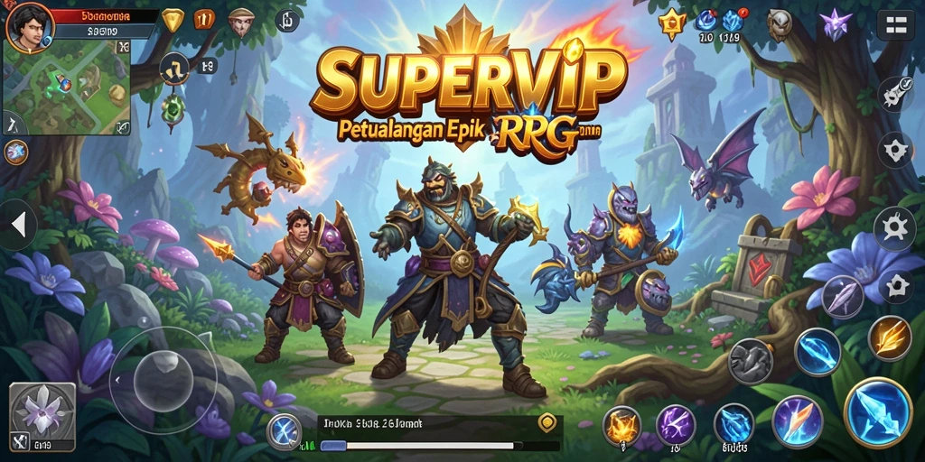 Screenshot utama SUPERVIP menampilkan aksi pertempuran mendebarkan di dunia fantasi.