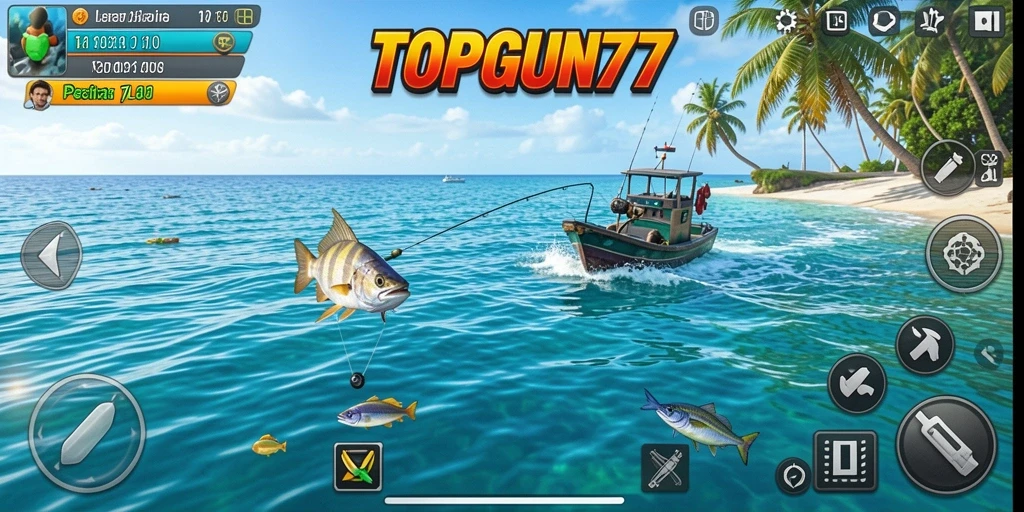 Gameplay TOPGUN77 menampilkan suasana memancing yang menawan dan seru.